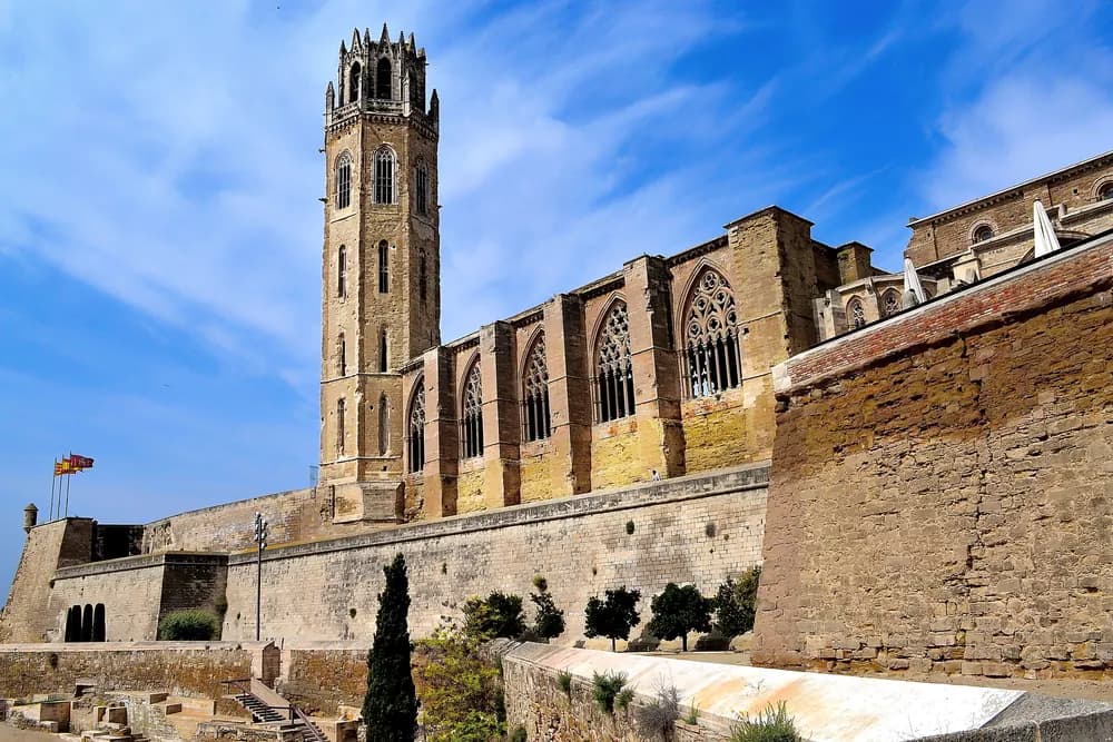 lleida's old cathedral on its hilltop, with the walls in front of it.